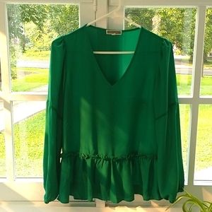 Pleione for Anthropologie green long sleeve ruffled blouse top shirt size small